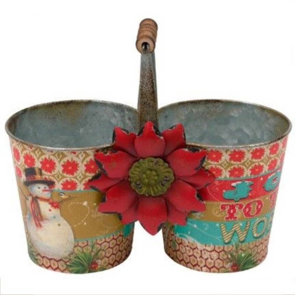 Carpentree Inc Christmas Double Metal Bucket Caddy Red Flower Folk Art Cottage